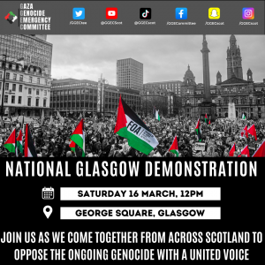 poster for demo for Palestine, Glasgow, 16 March 2024